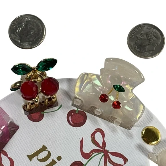 Piper K Cherry Rhinestone Mini Hair Clip Set - Cream, Red and Pink - Picture 2 of 4